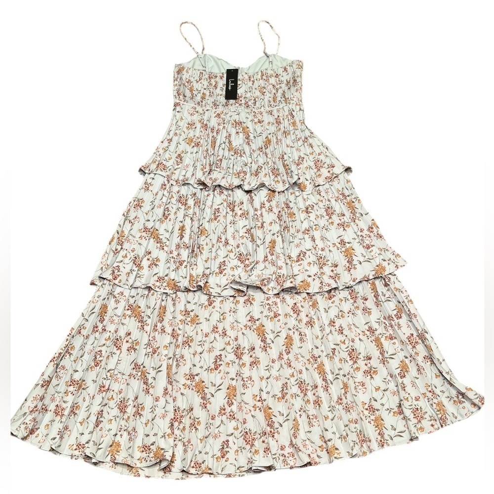Lulus Cascading Crush Pale Blue Floral Print Tiered Bustier Midi Dress-Small - Picture 6 of 16